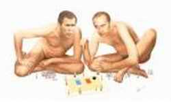 Satirical cartoon depicting a naked Putin and Bush playing world domination game